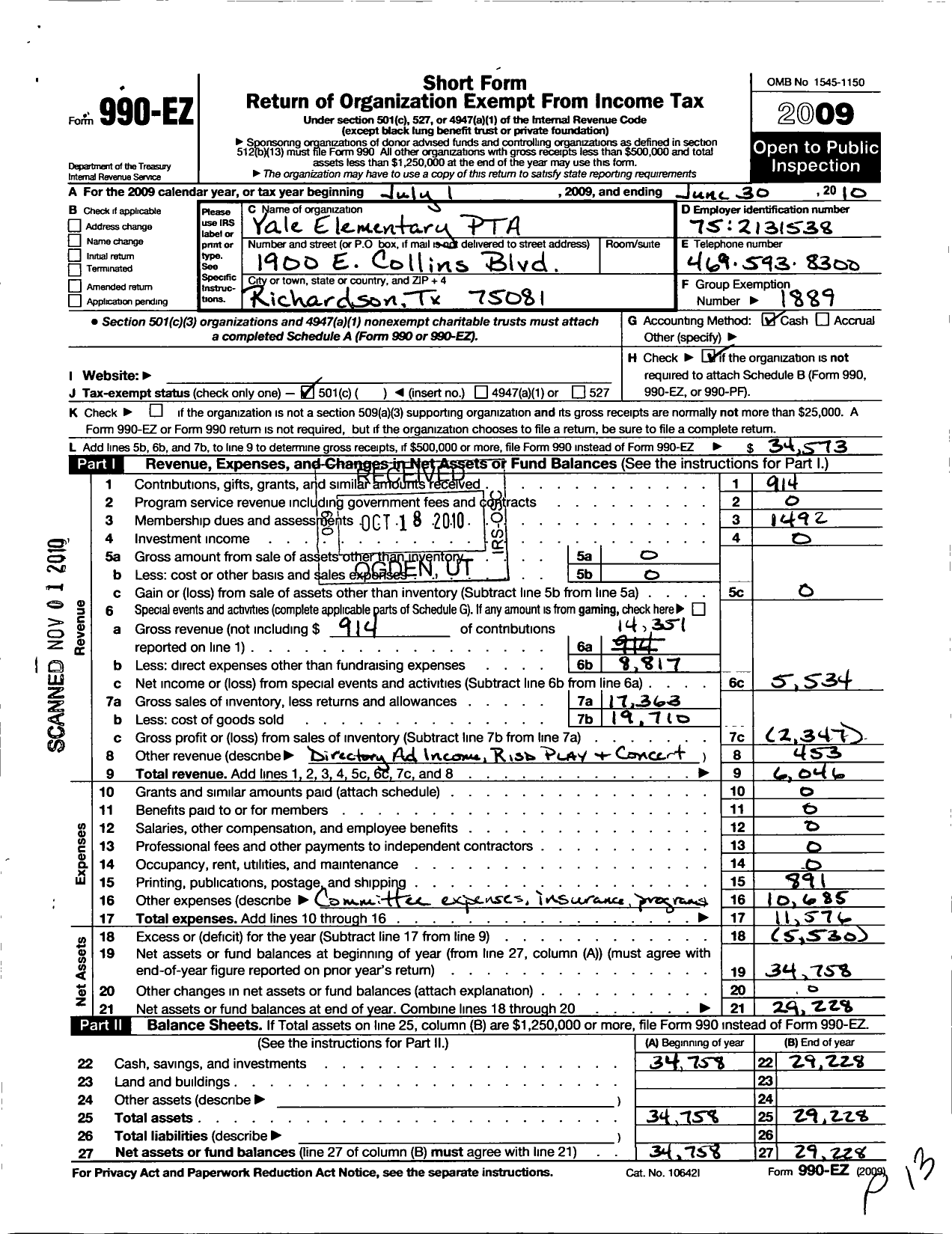 Image of first page of 2009 Form 990EO for Texas PTA - 7808 Yale Elementary