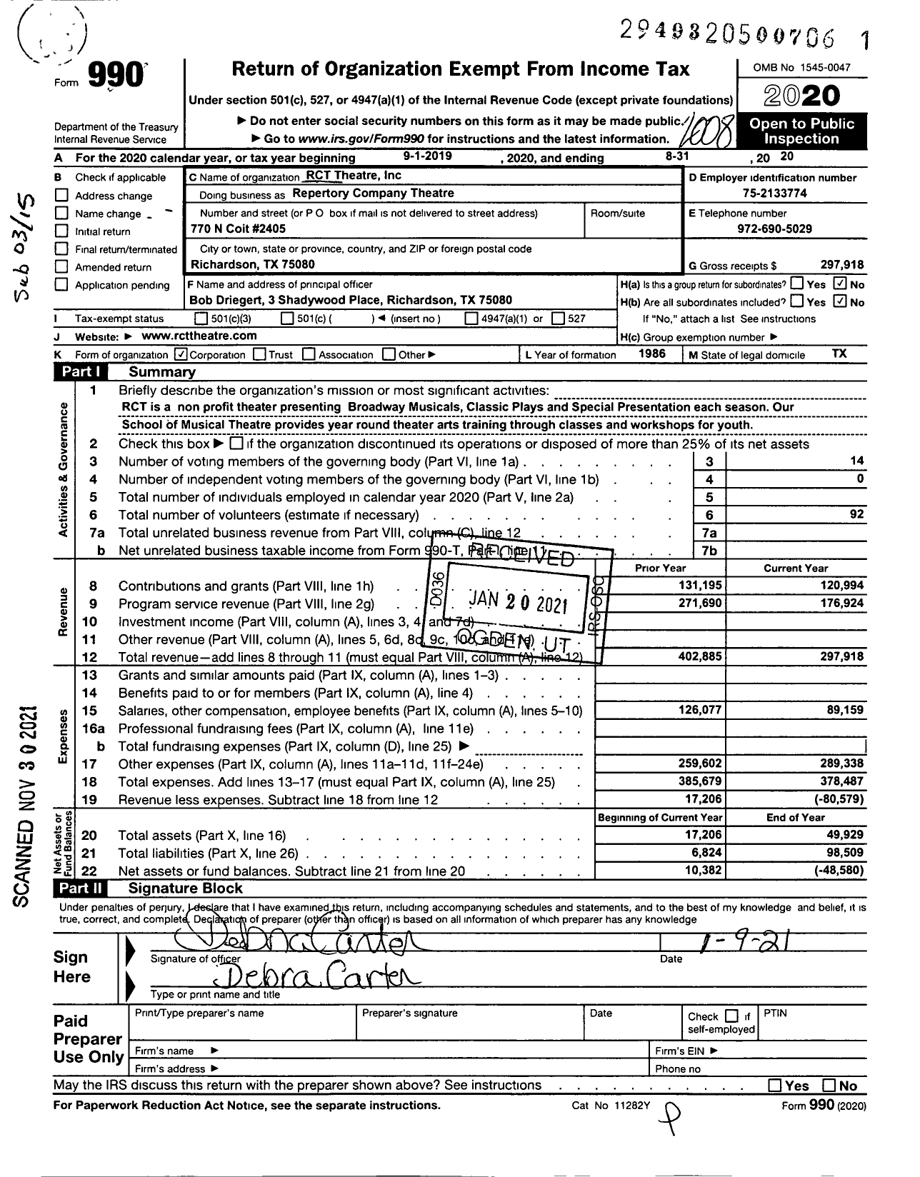 Image of first page of 2019 Form 990 for Repertory Company Theatre