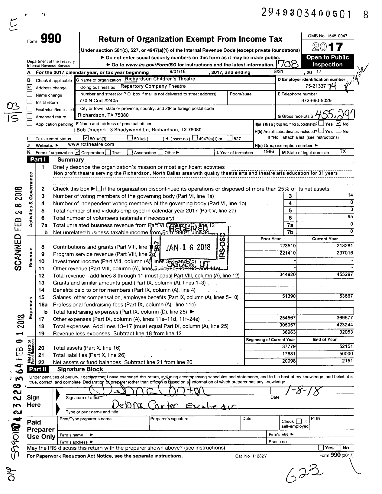 Image of first page of 2016 Form 990 for Repertory Company Theatre