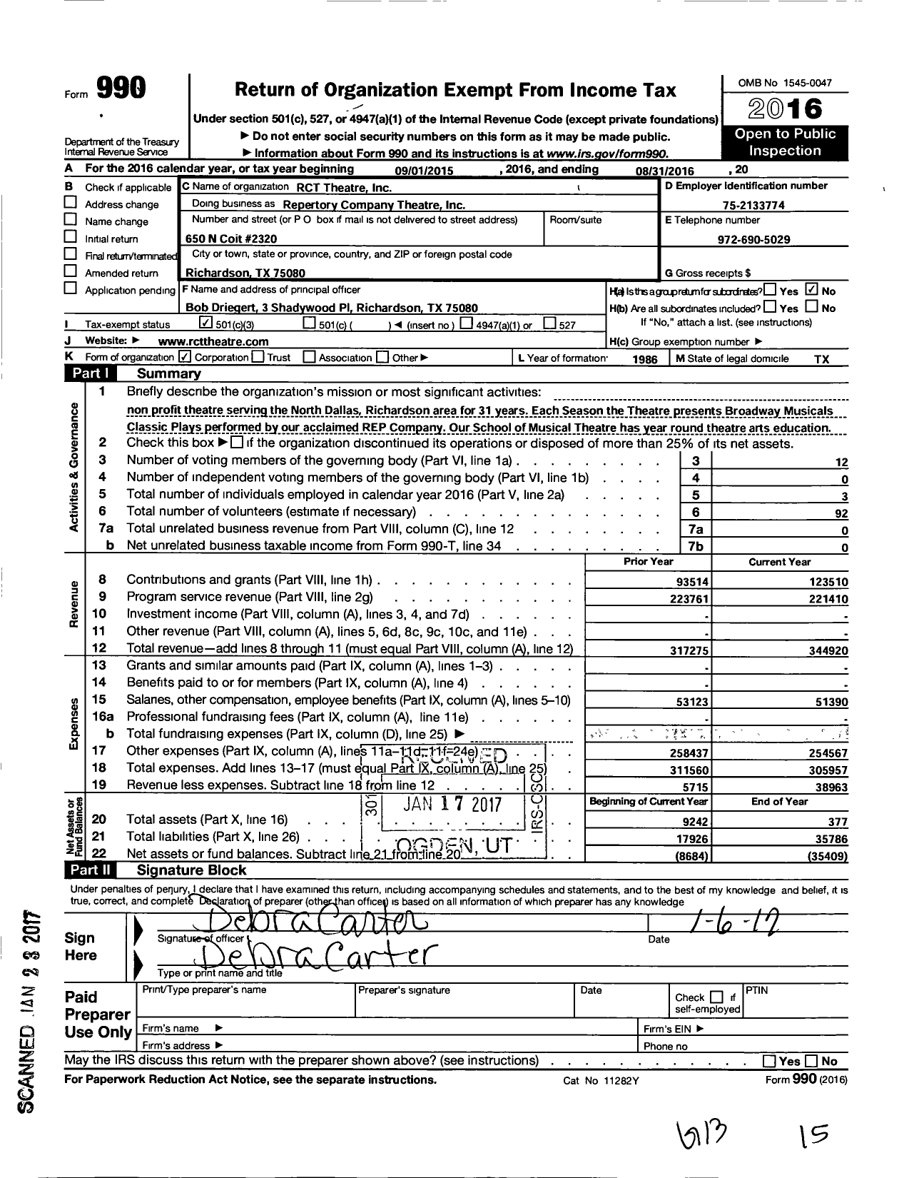 Image of first page of 2015 Form 990 for Repertory Company Theatre