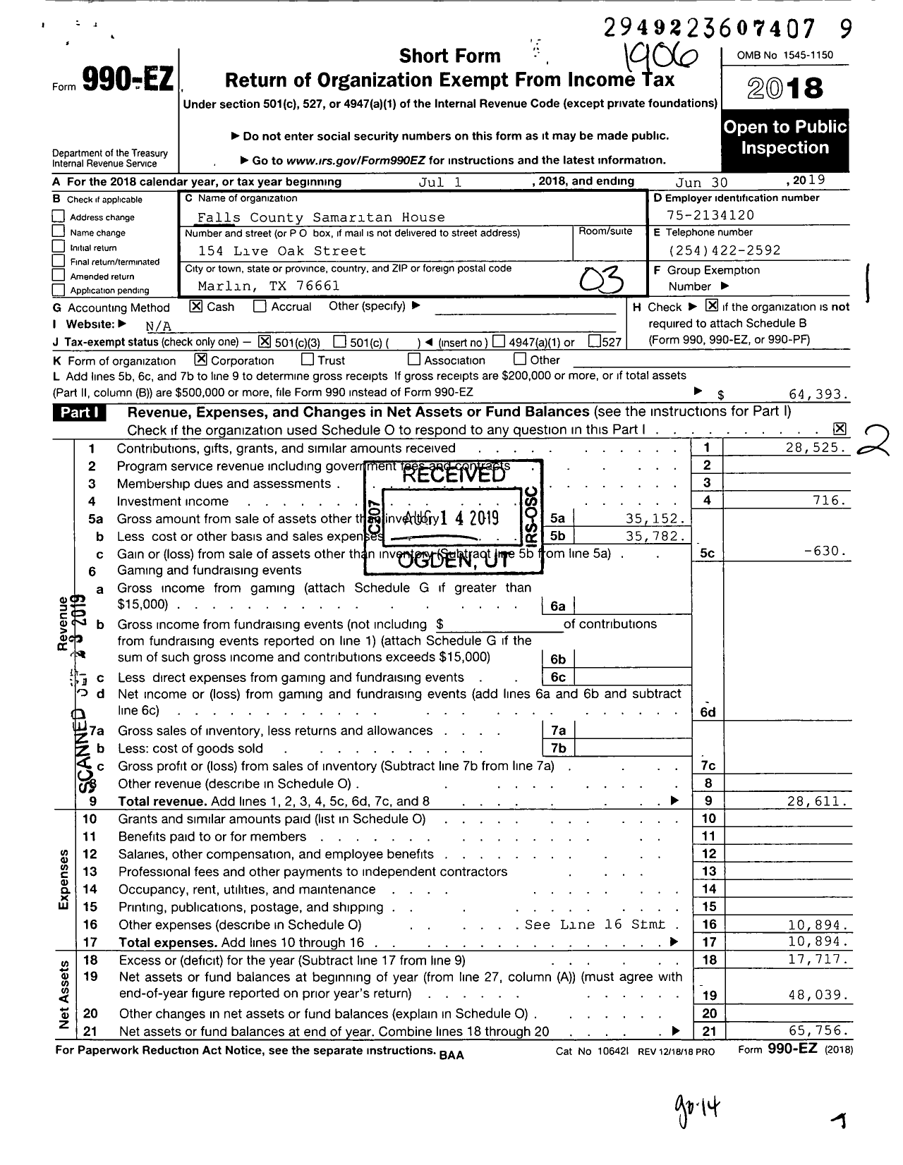 Image of first page of 2018 Form 990EZ for Falls County Samaritan House