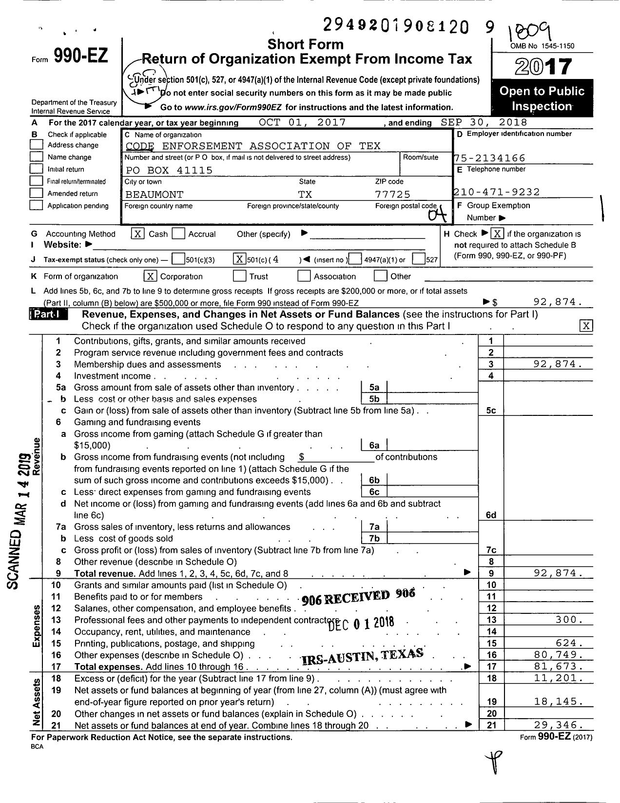 Image of first page of 2017 Form 990EO for Code Enforsement Association of Tex