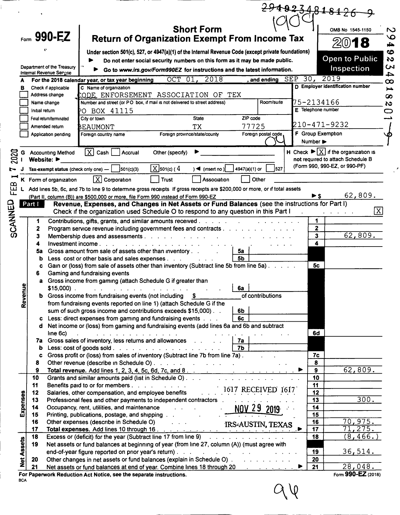 Image of first page of 2018 Form 990EO for Code Enforsement Association of Tex