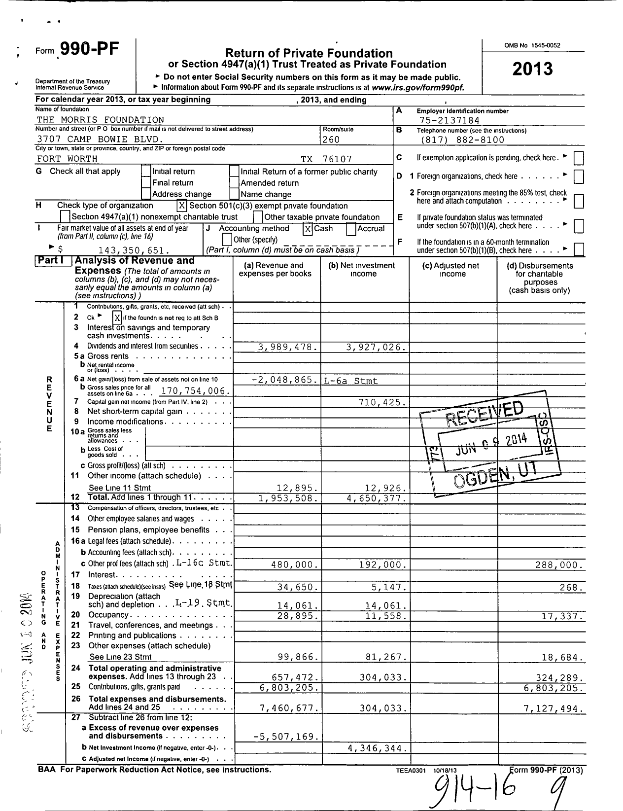Image of first page of 2013 Form 990PF for The Morris Foundation