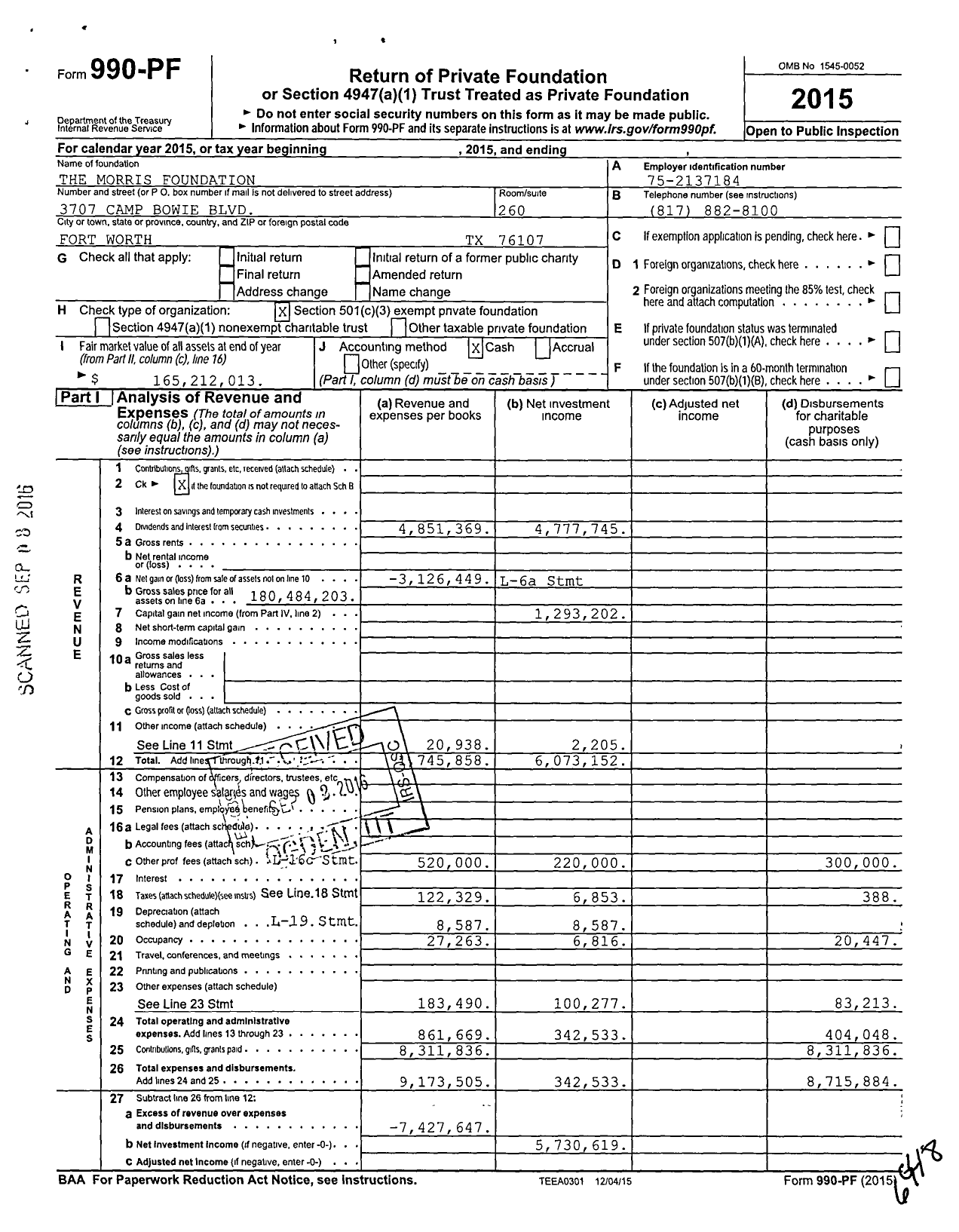 Image of first page of 2015 Form 990PF for The Morris Foundation
