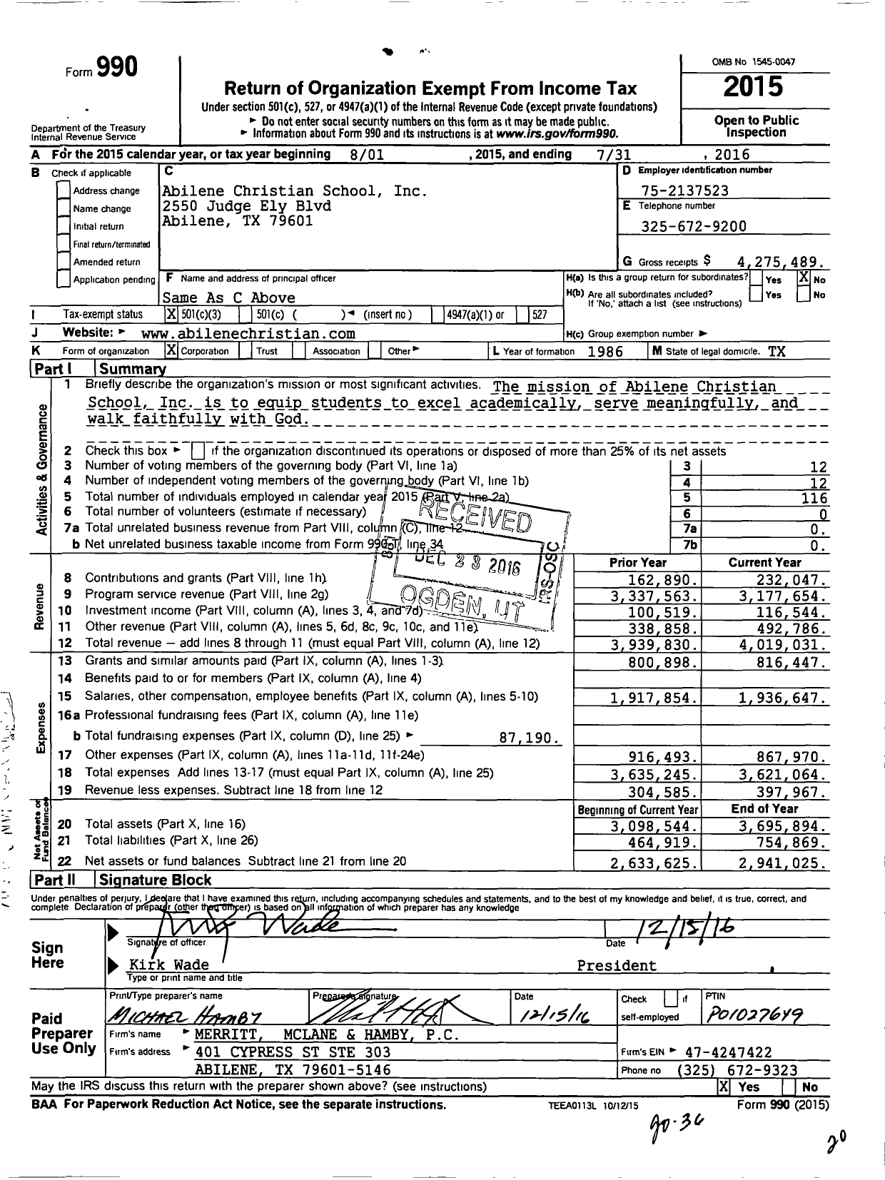 Image of first page of 2015 Form 990 for Abilene Christian Schools