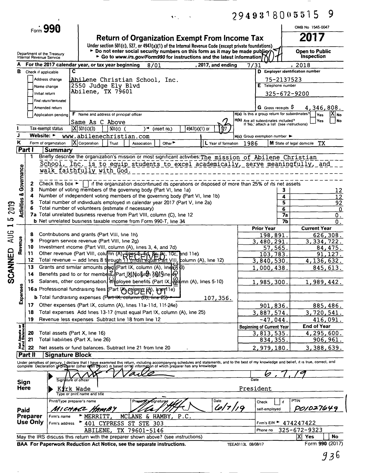Image of first page of 2017 Form 990 for Abilene Christian Schools