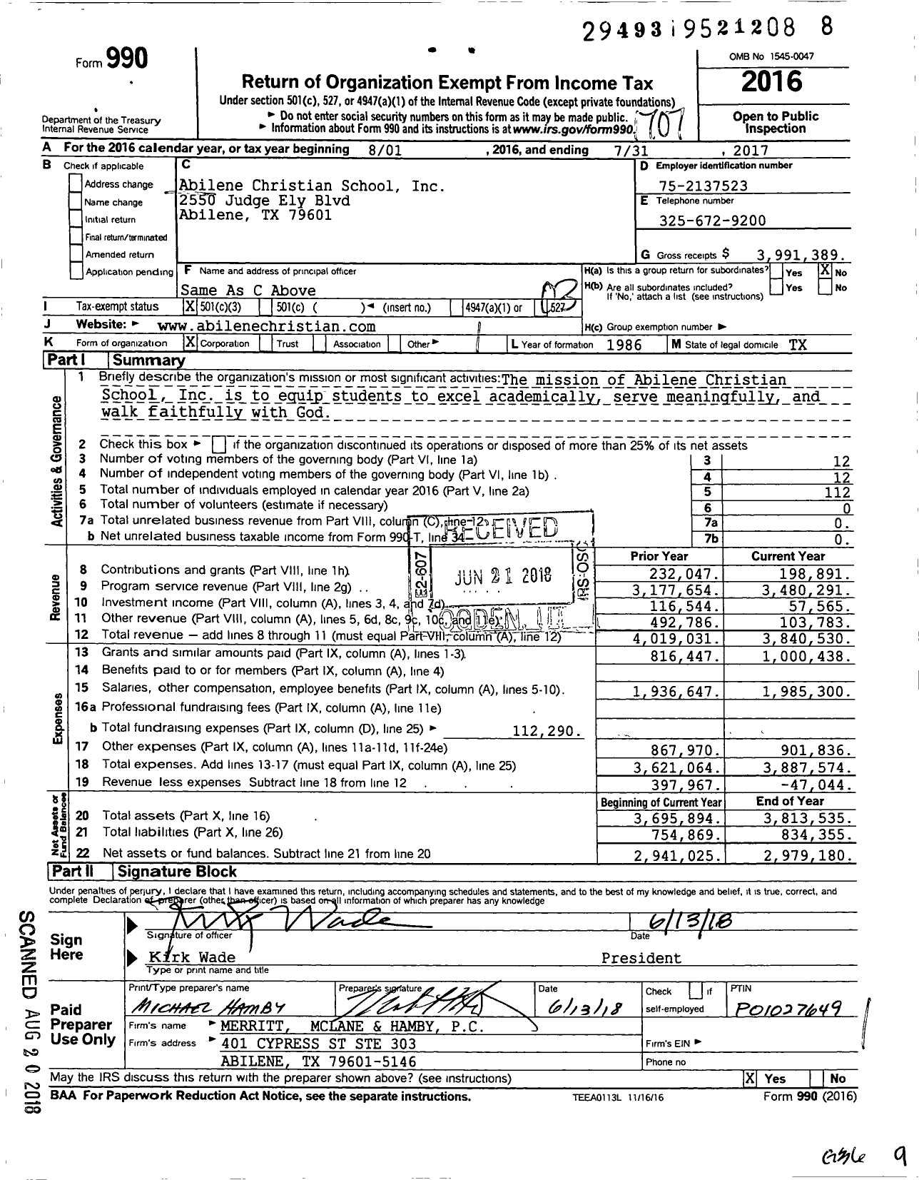 Image of first page of 2016 Form 990 for Abilene Christian Schools