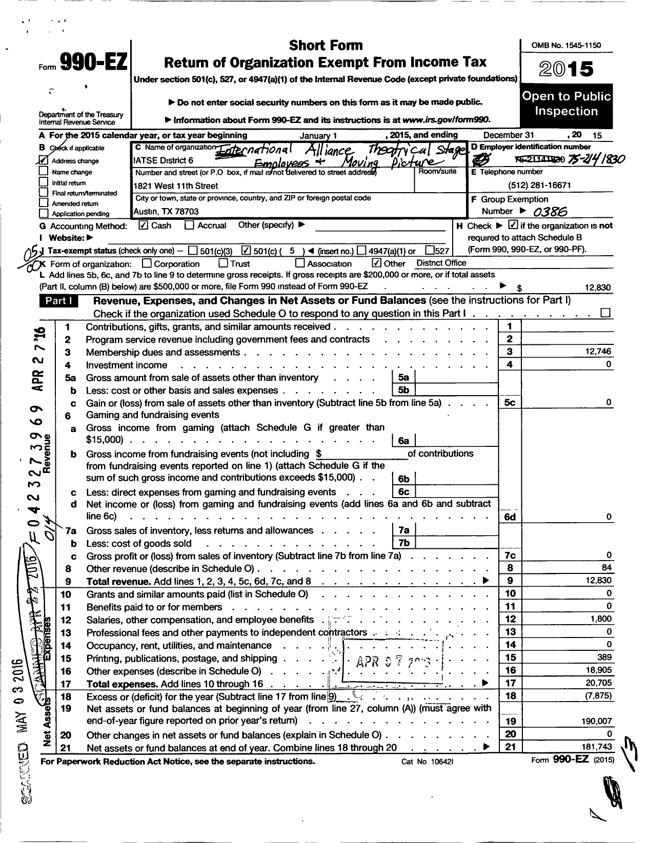 Image of first page of 2015 Form 990EO for International Alliance of Theatrical Stage Employees - 6 District