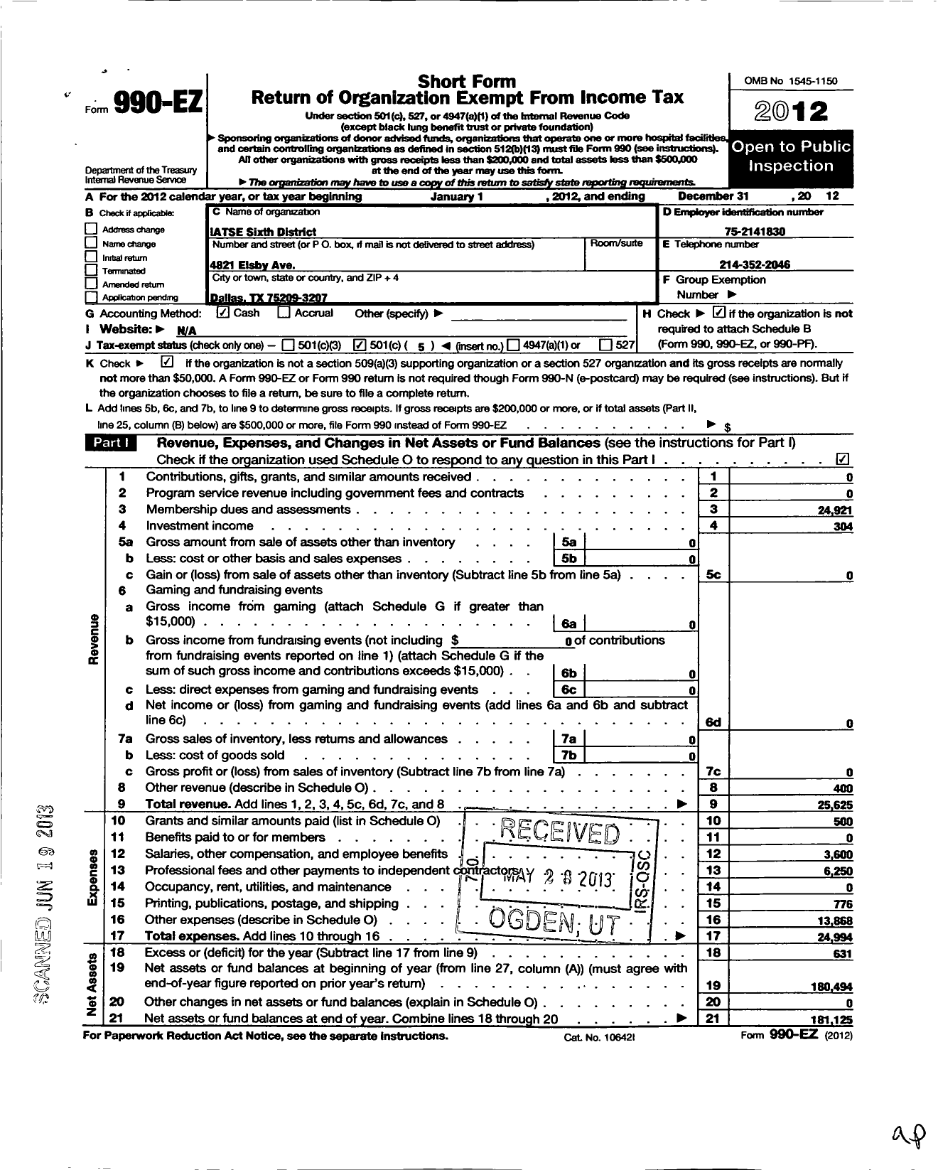 Image of first page of 2012 Form 990EO for International Alliance of Theatrical Stage Employees - 6 District