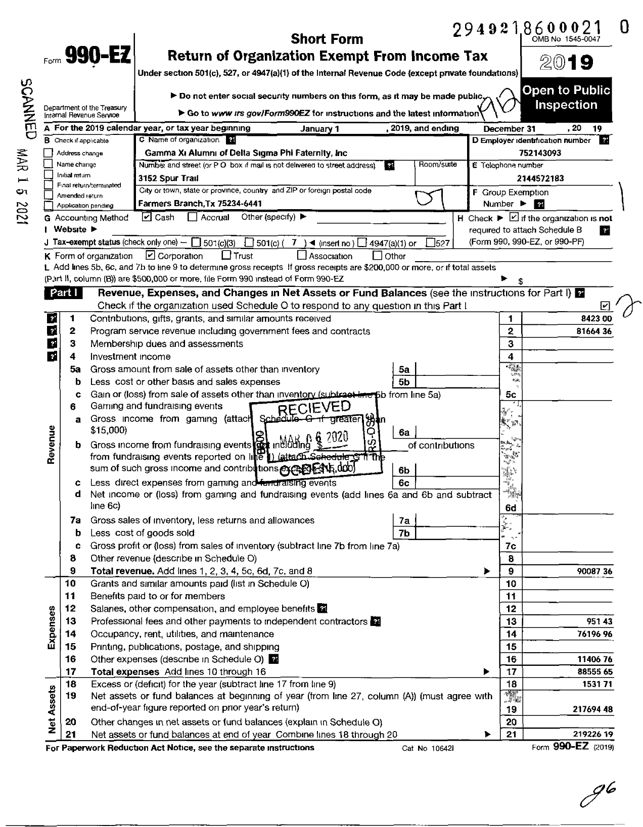 Image of first page of 2019 Form 990EO for Delta Sigma Phi Fraternity - 086 Gamma Xi Acb