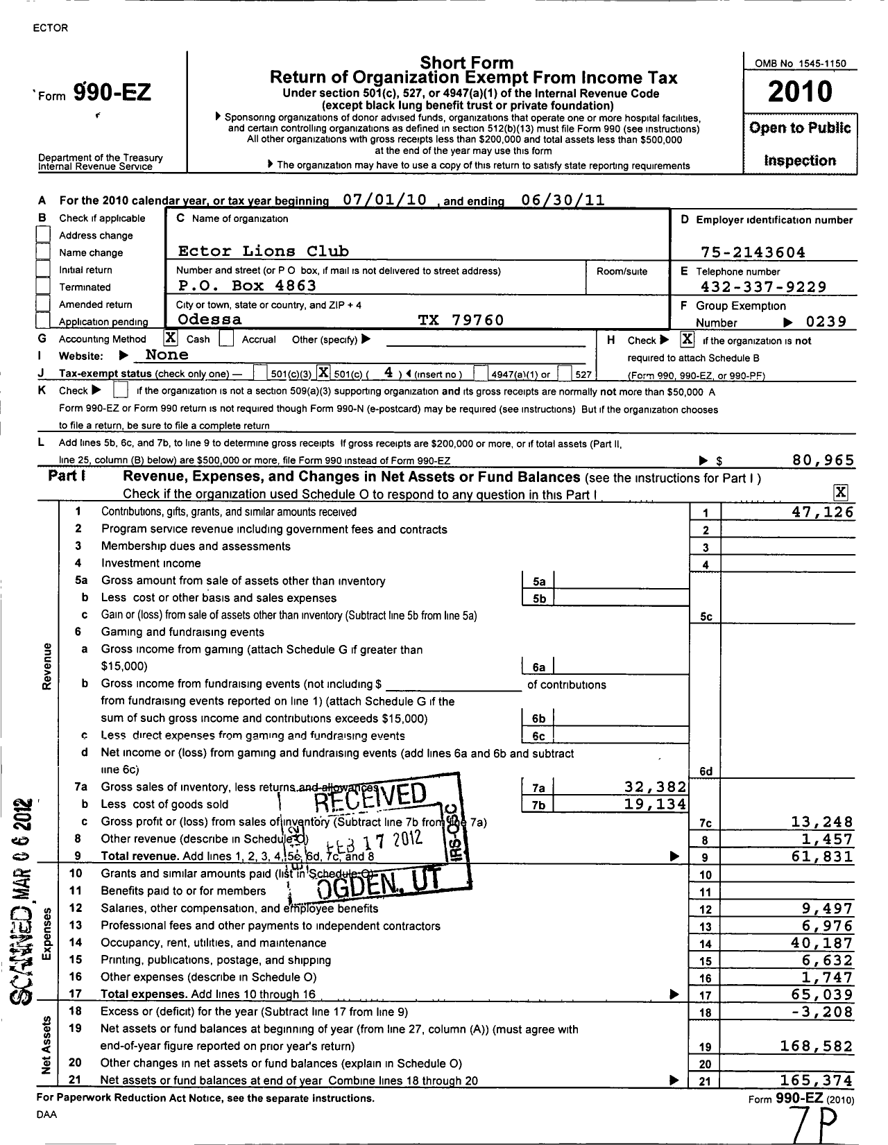 Image of first page of 2010 Form 990EO for Lions Clubs - Odessa Ector Lions Club