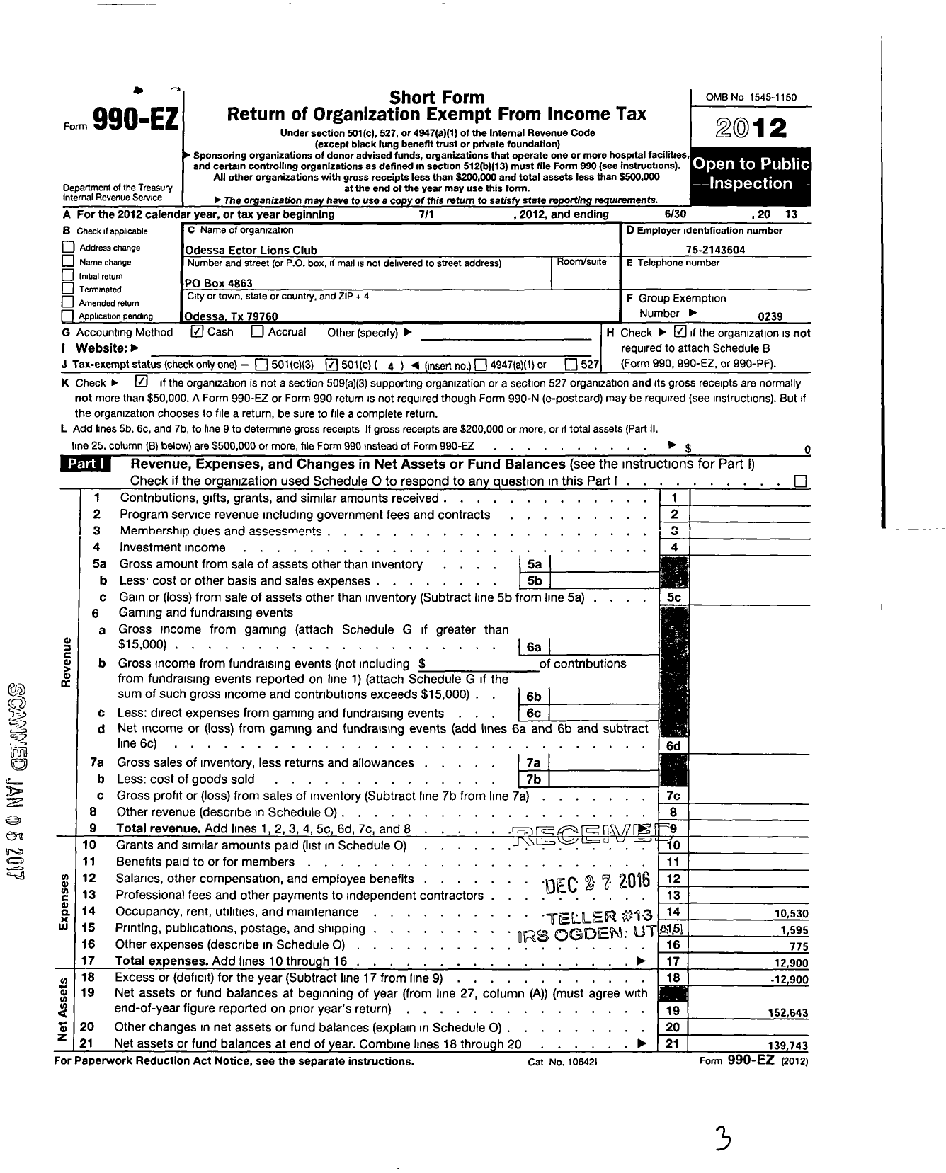 Image of first page of 2012 Form 990EO for Lions Clubs - Odessa Ector Lions Club