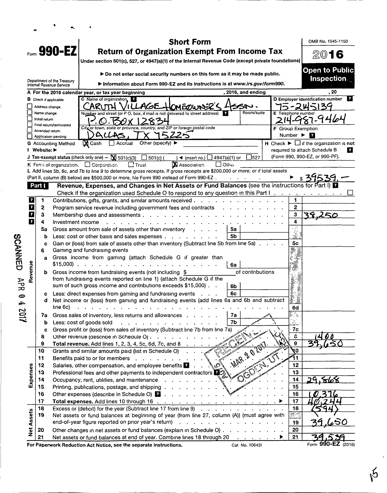 Image of first page of 2016 Form 990EZ for Caruth Village Homeowners Association