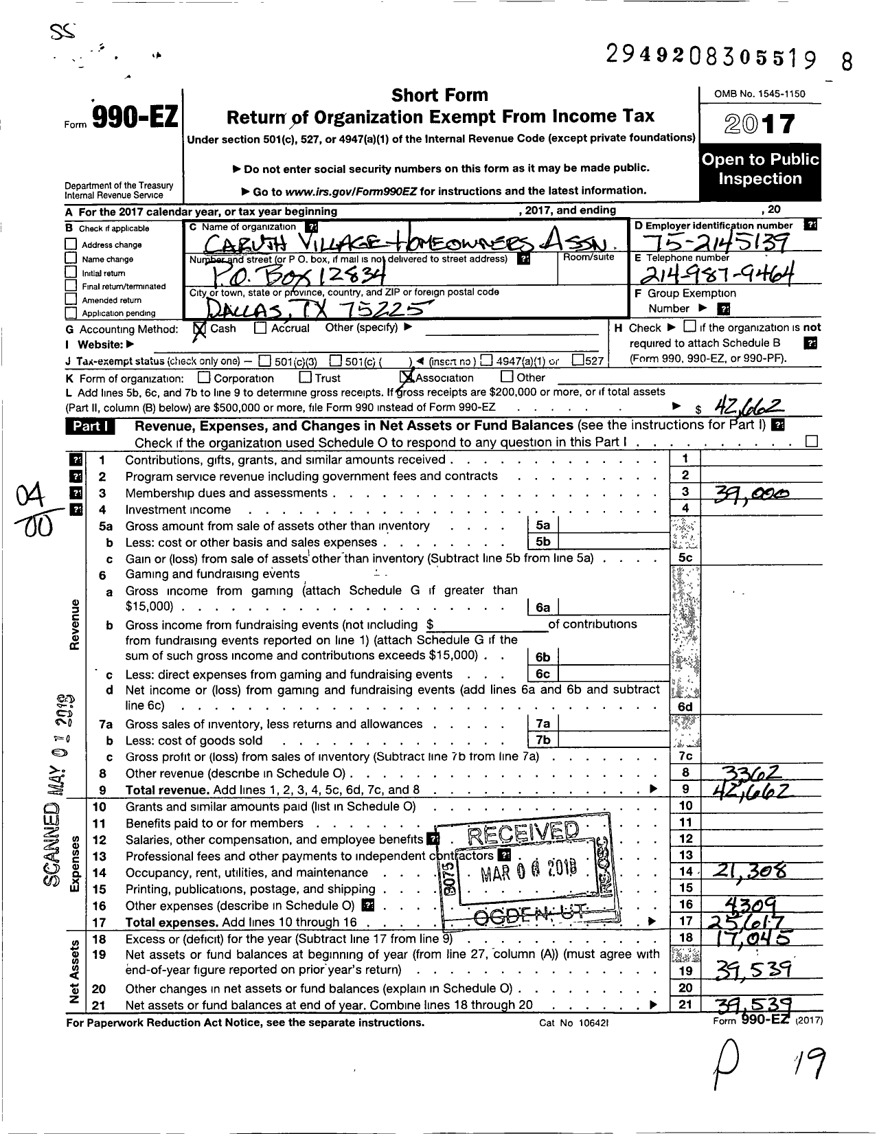 Image of first page of 2017 Form 990EO for Caruth Village Homeowners Association