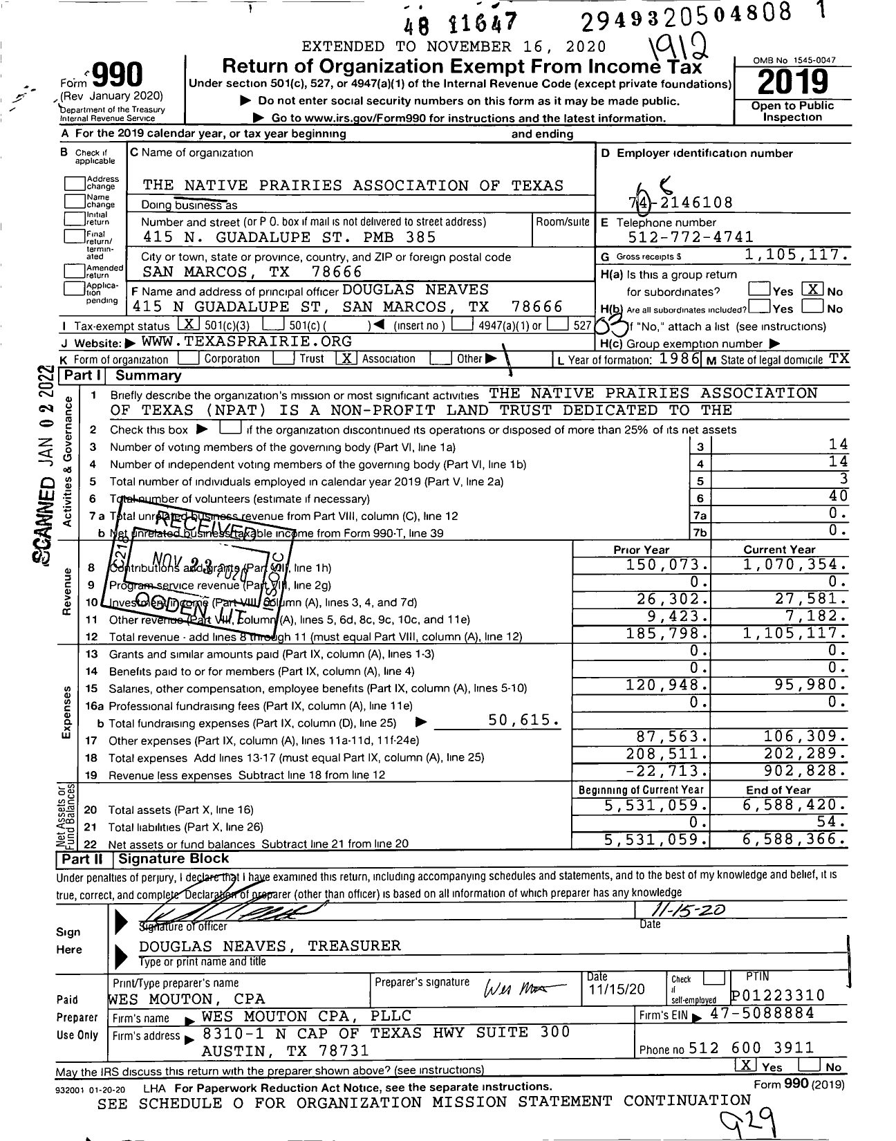 Image of first page of 2019 Form 990 for Native Prairies Association of Texas (NPAT)
