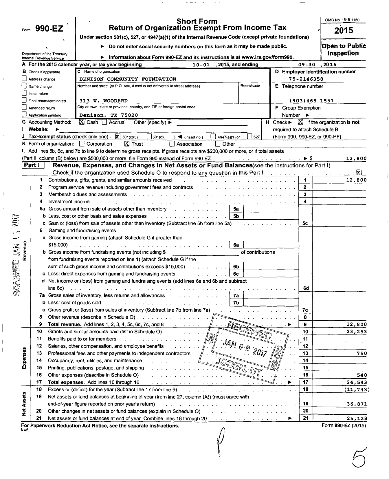 Image of first page of 2015 Form 990EZ for Denison Community Foundation