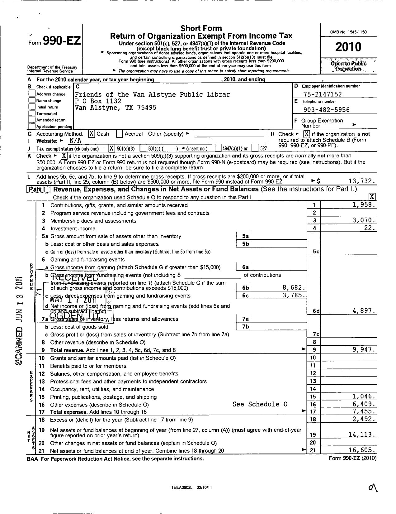 Image of first page of 2010 Form 990EZ for Friends of the Van Alstyne Public Library