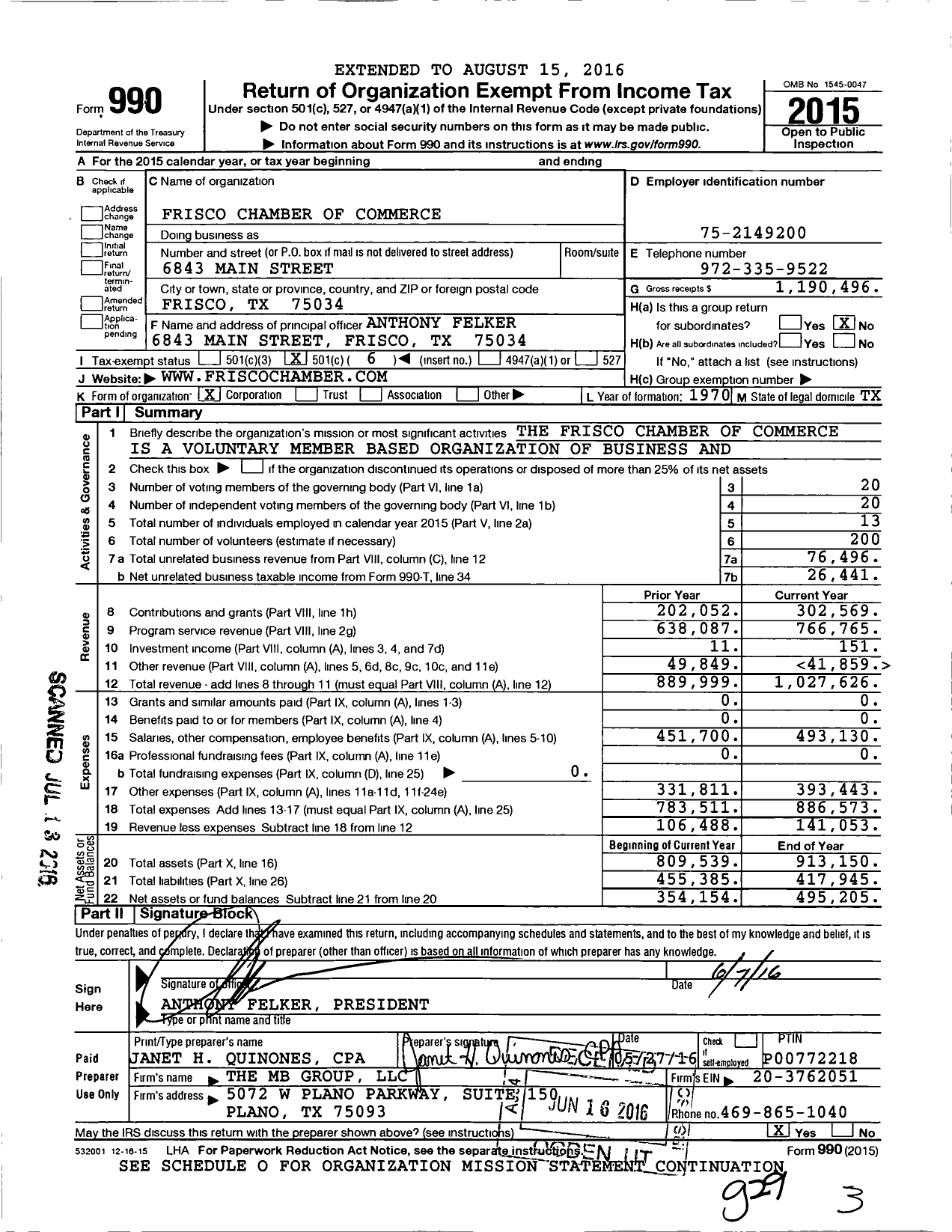 Image of first page of 2015 Form 990O for Frisco Chamber of Commerce