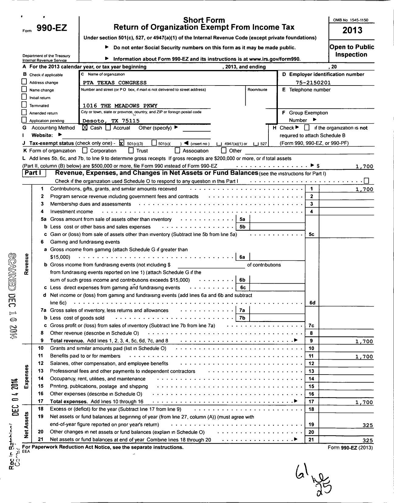 Image of first page of 2013 Form 990EZ for Texas PTA - 2742 the Meadows Intermediate