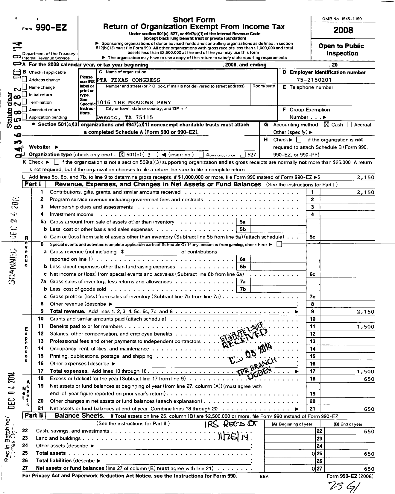 Image of first page of 2008 Form 990EZ for Texas PTA - 2742 the Meadows Intermediate