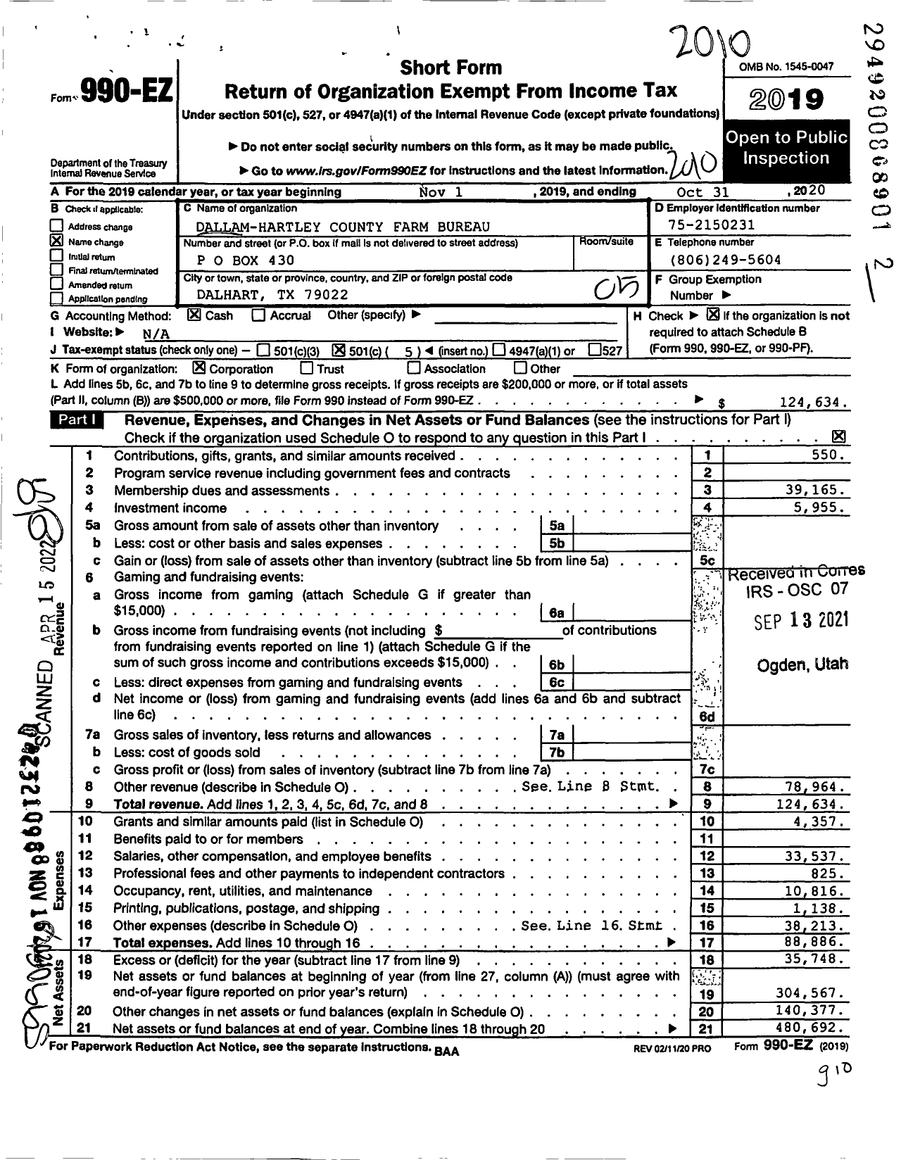 Image of first page of 2019 Form 990EO for Dallam-Hartley County Farm Bureau