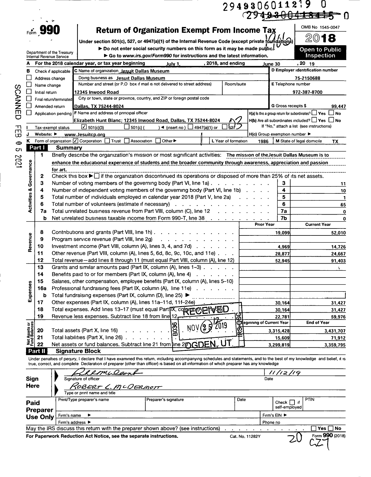 Image of first page of 2018 Form 990 for Jesuit Dallas Museum