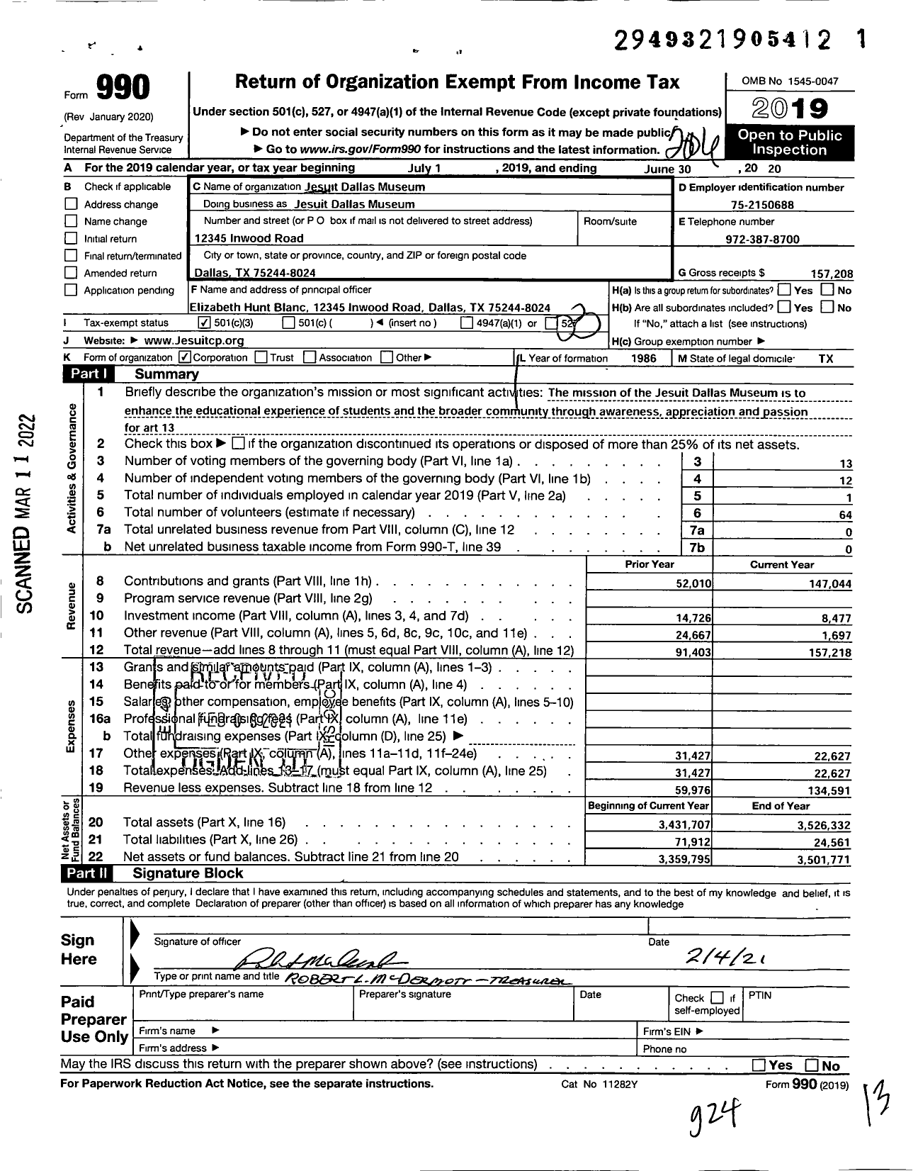 Image of first page of 2019 Form 990 for Jesuit Dallas Museum