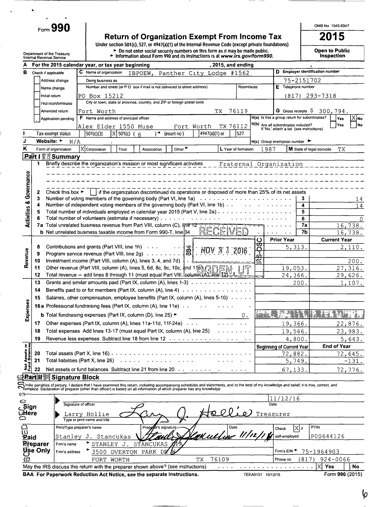 Image of first page of 2015 Form 990O for Improved Benevolent and Protective Order of Elks of the World - 1562 Panther City