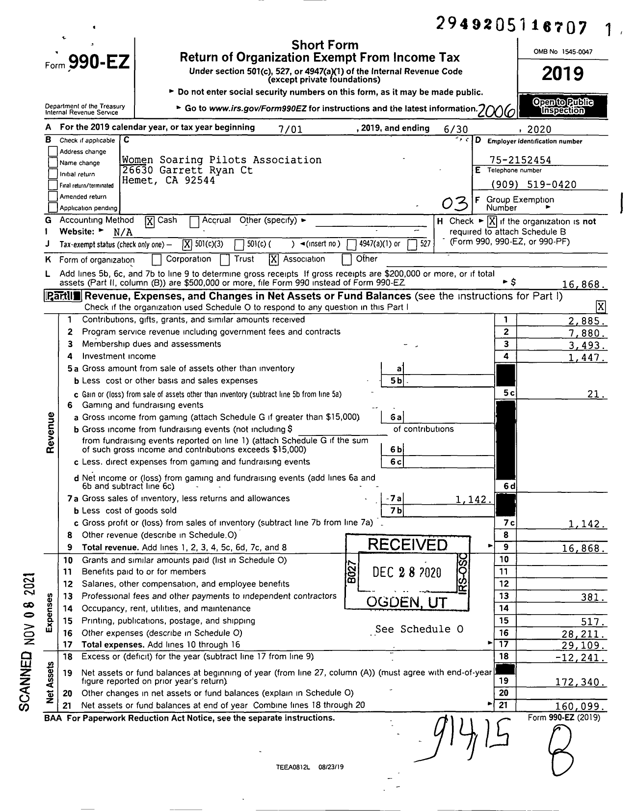 Image of first page of 2019 Form 990EZ for Women Soaring Pilots Association