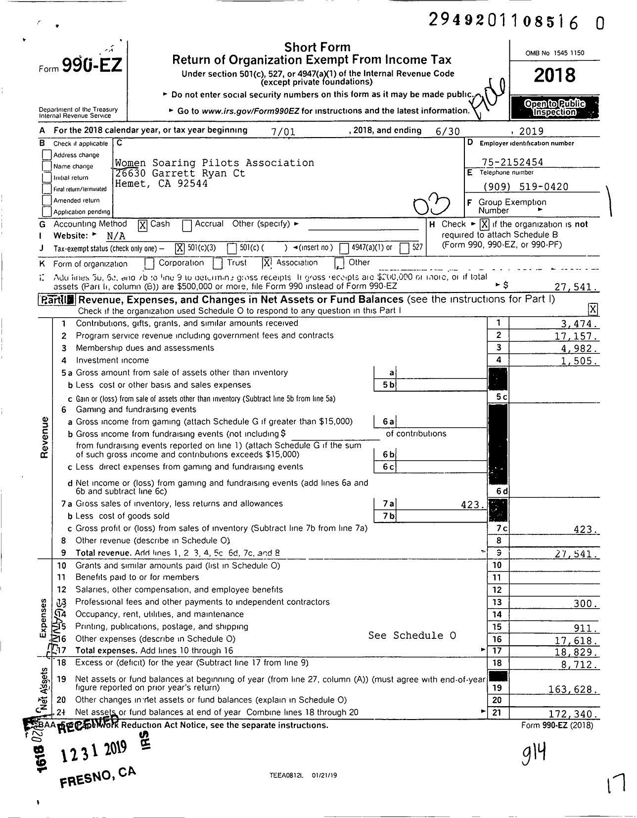 Image of first page of 2018 Form 990EZ for Women Soaring Pilots Association