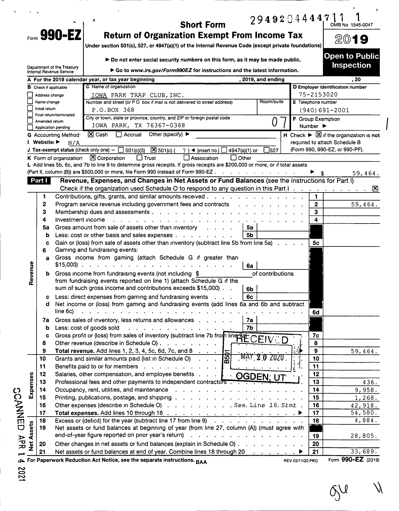 Image of first page of 2019 Form 990EO for Iowa Park Trap Club