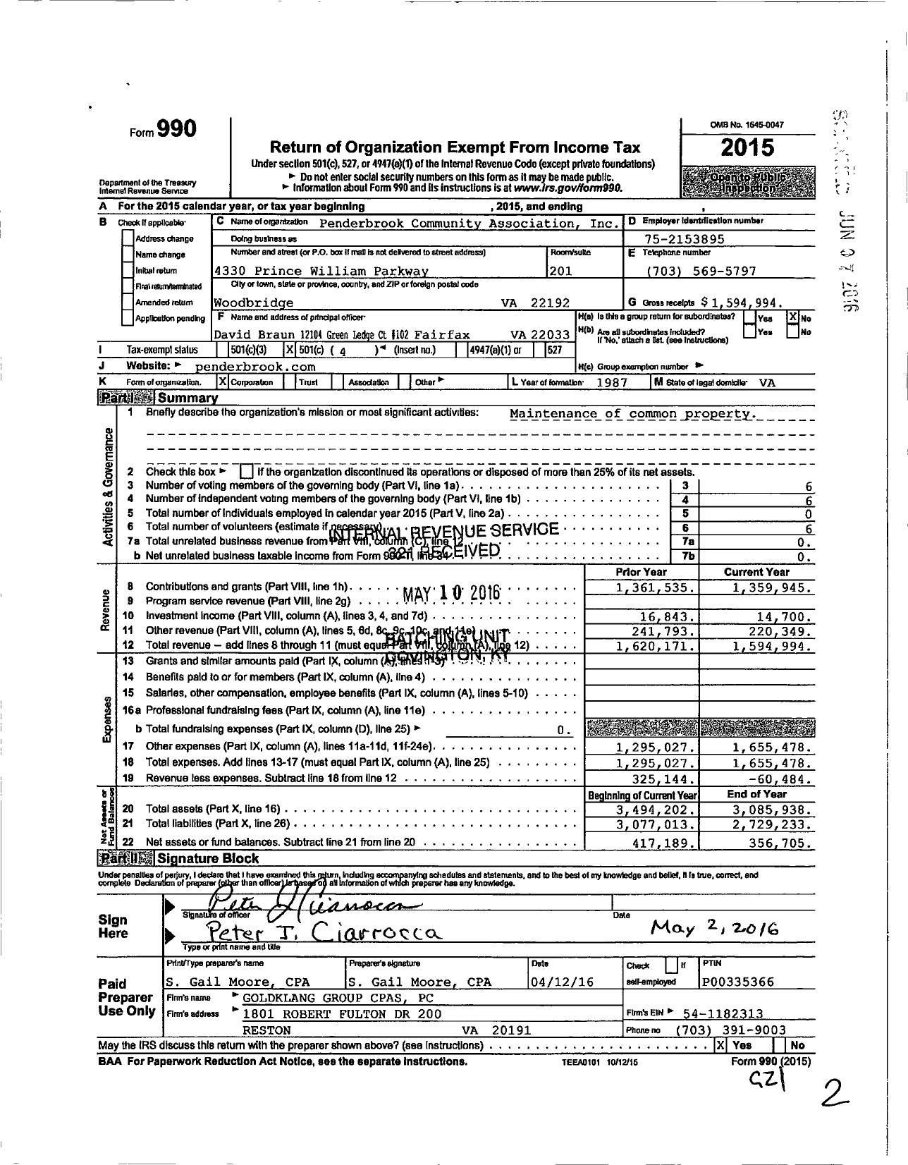 Image of first page of 2015 Form 990O for Penderbrook Community Association