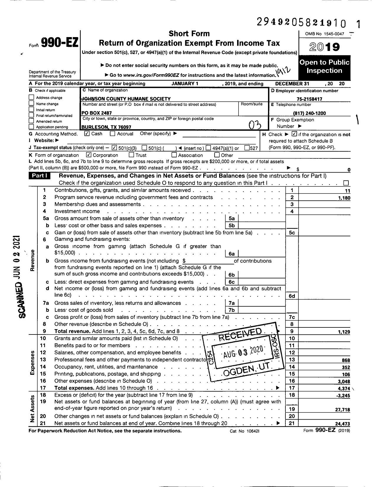 Image of first page of 2020 Form 990EZ for Johnson County Humane Society