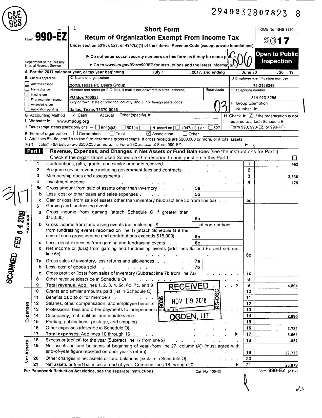 Image of first page of 2017 Form 990EZ for North Texas PC Usera Group