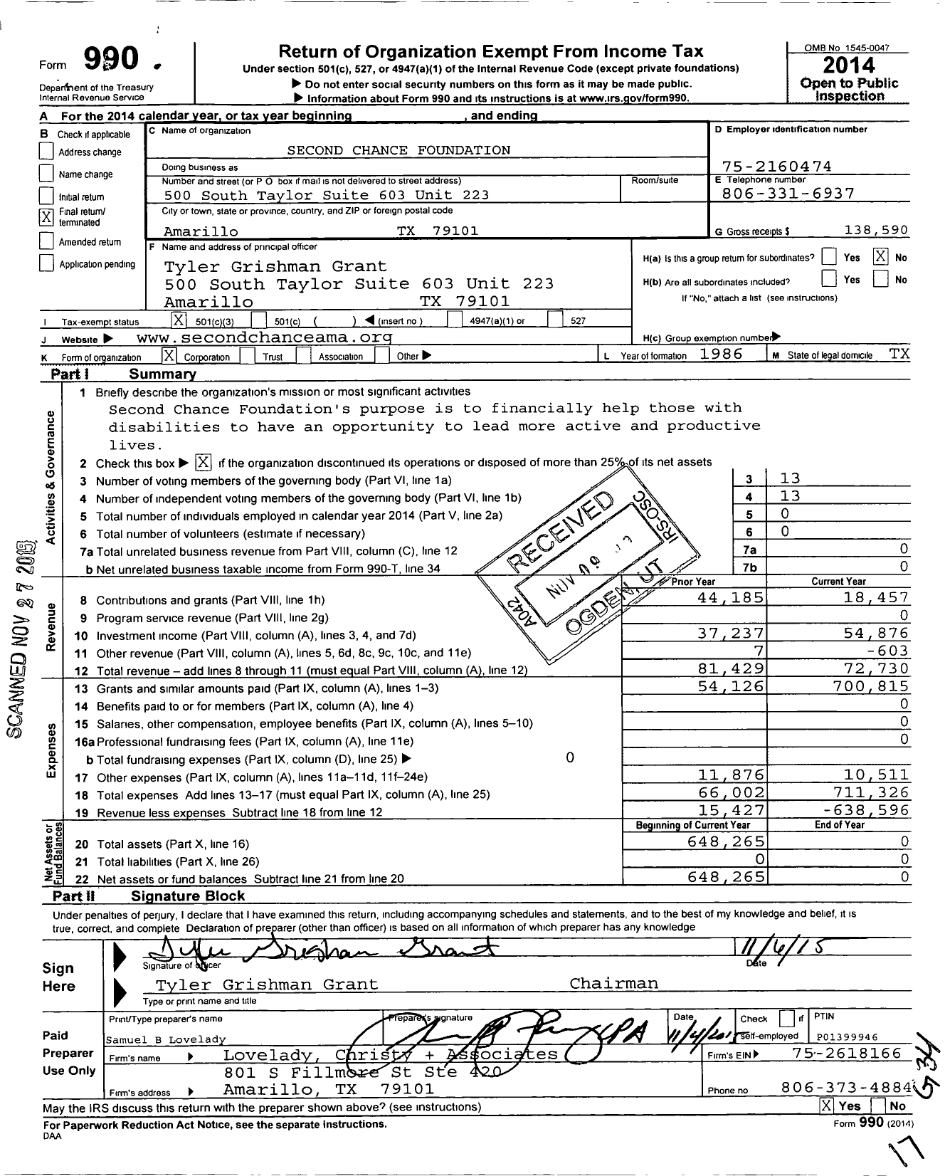 Image of first page of 2014 Form 990 for Second Chance Foundation