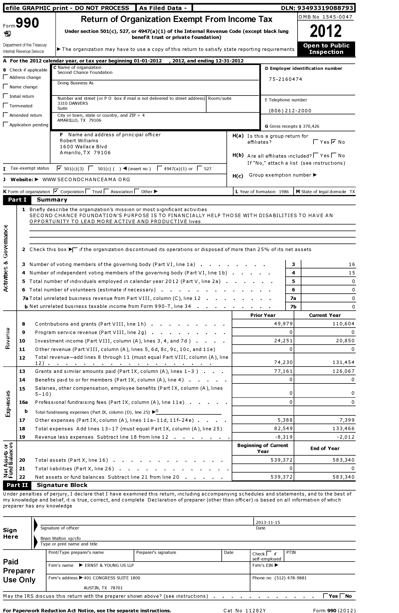 Image of first page of 2012 Form 990 for Second Chance Foundation