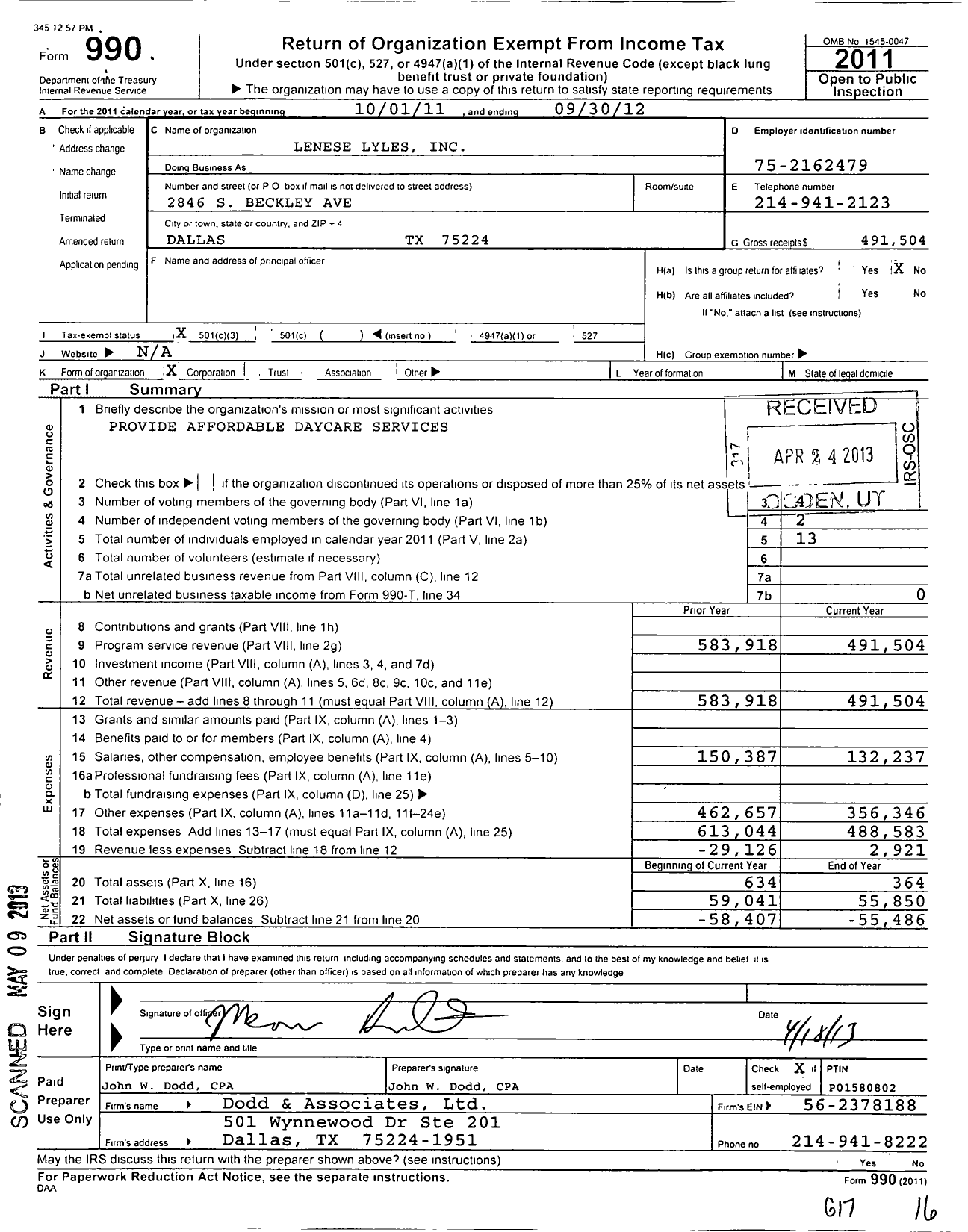 Image of first page of 2011 Form 990 for Lenese Lyles