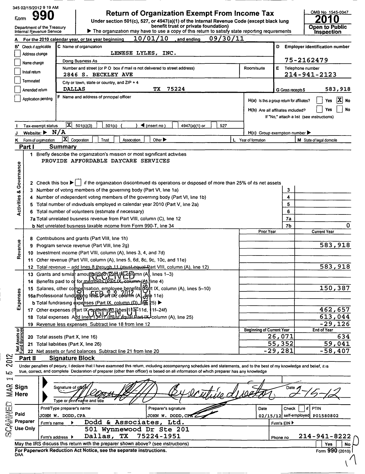 Image of first page of 2010 Form 990 for Lenese Lyles