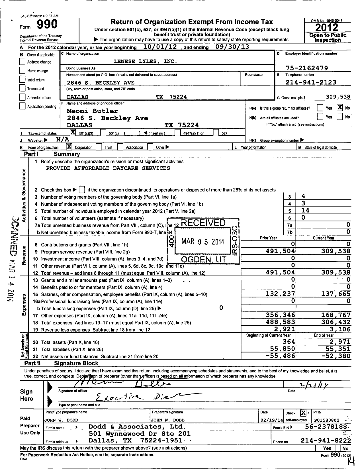 Image of first page of 2012 Form 990 for Lenese Lyles