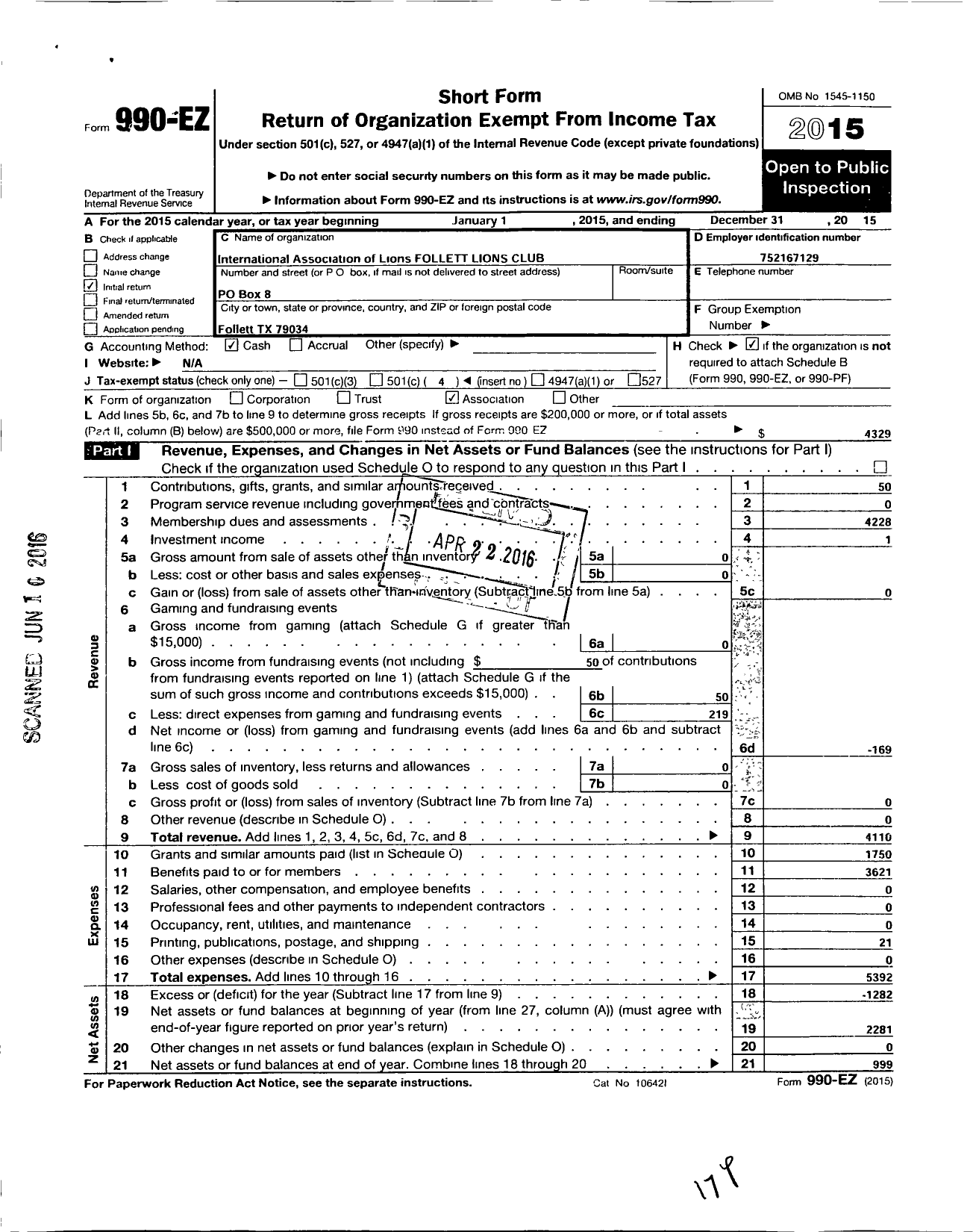 Image of first page of 2015 Form 990EO for Lions Clubs - 47218 Follett