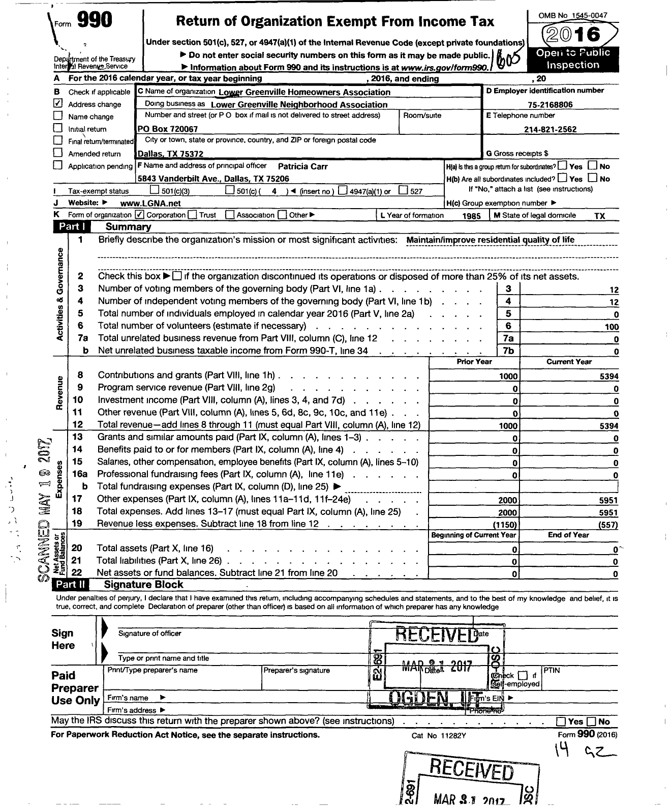 Image of first page of 2015 Form 990O for Lower Greenville Homeowners Association