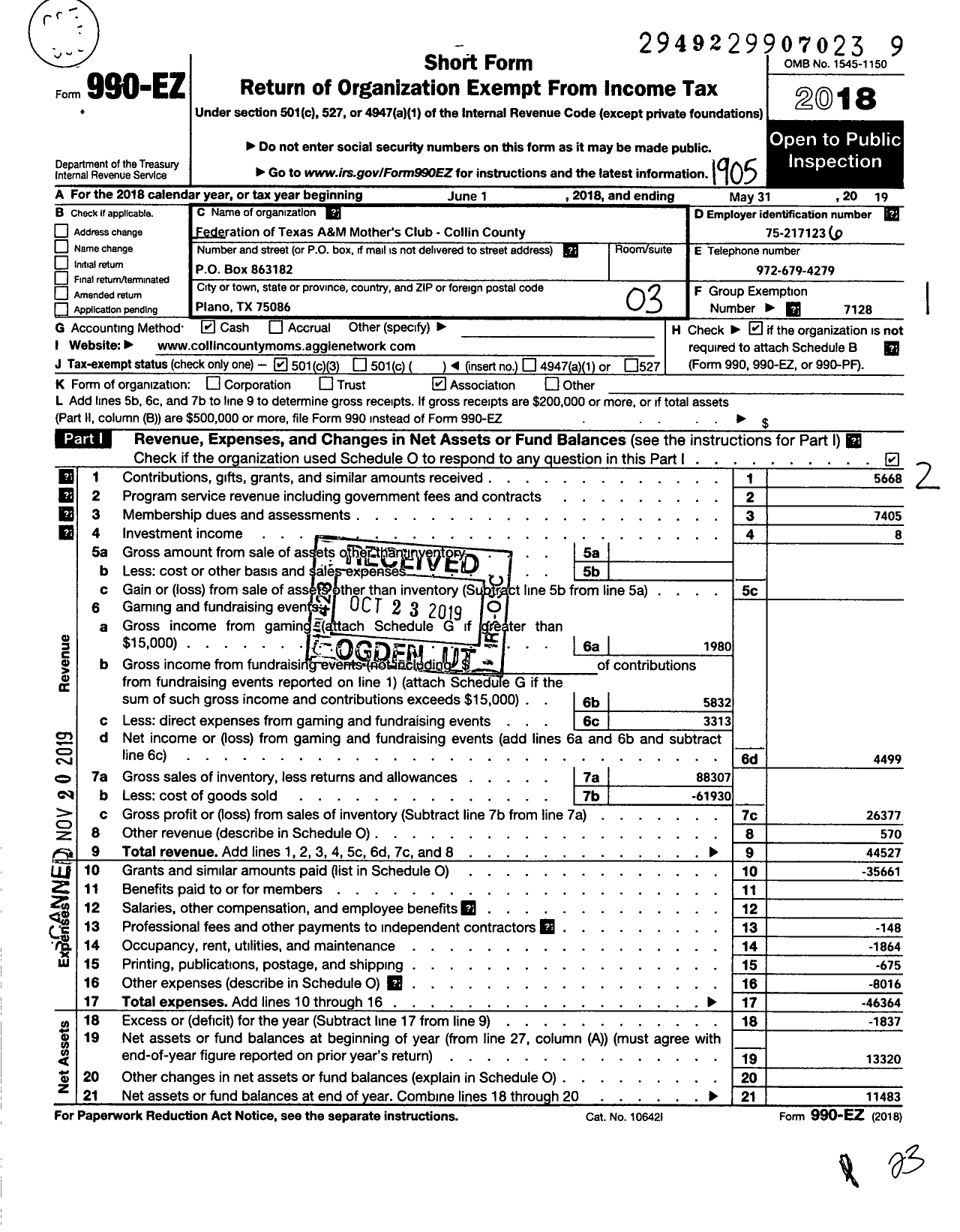 Image of first page of 2018 Form 990EZ for Federation of Texas A&m University Mothers Club / Collin County