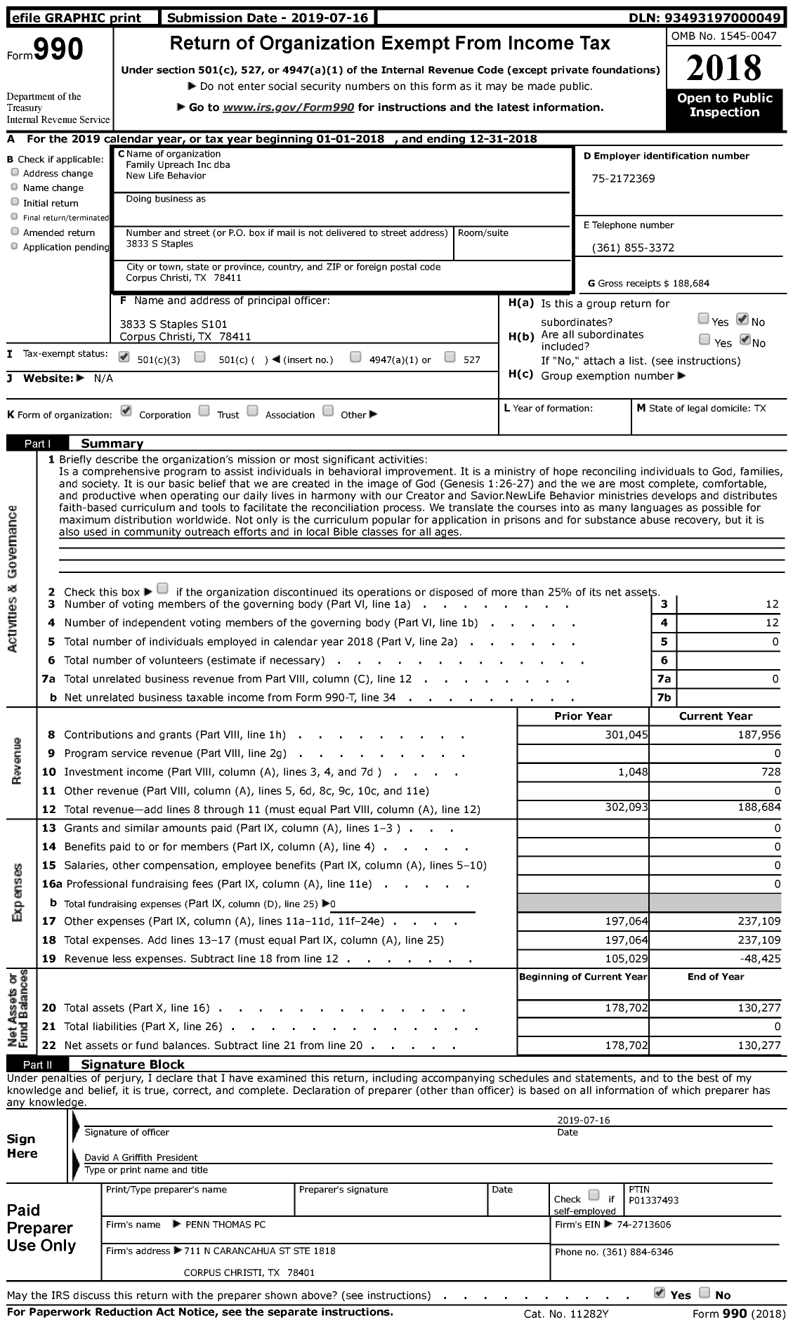 Image of first page of 2018 Form 990 for New Life Behavior