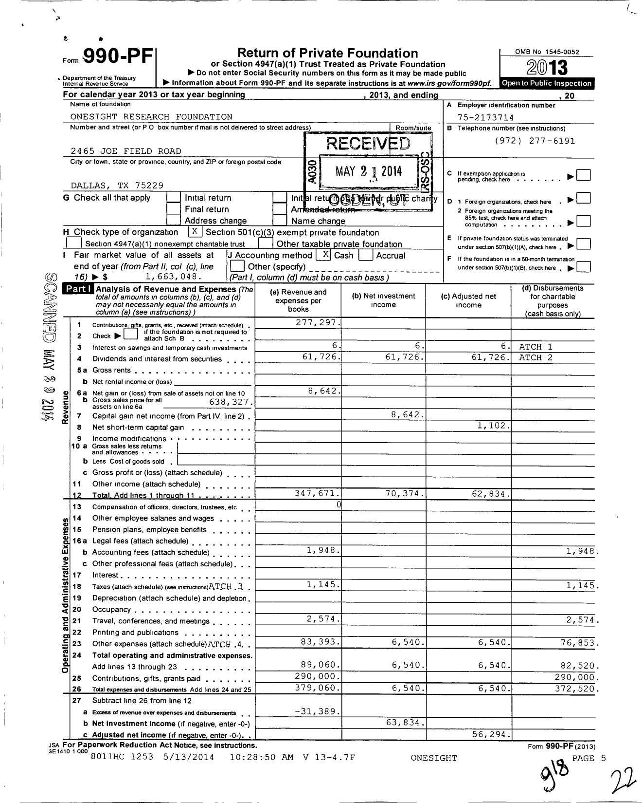 Image of first page of 2013 Form 990PF for Onesight Research Foundation