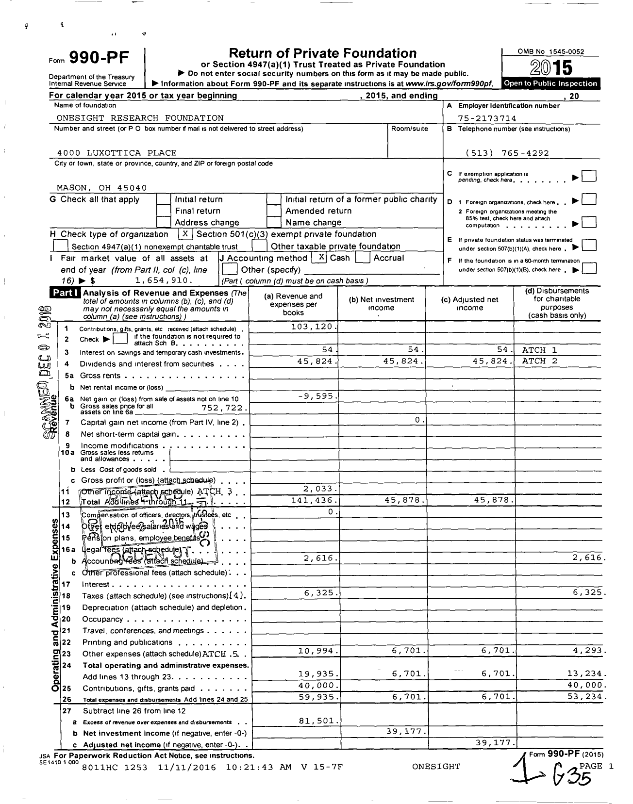 Image of first page of 2015 Form 990PF for Onesight Research Foundation