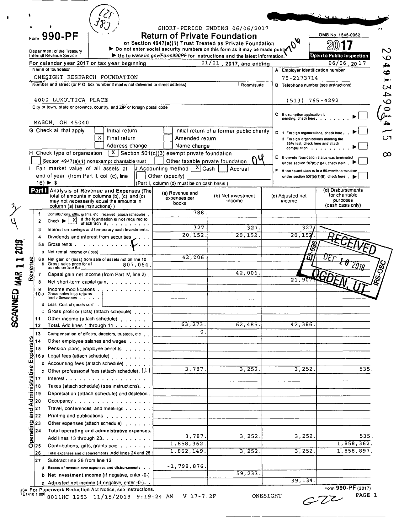 Image of first page of 2016 Form 990PF for Onesight Research Foundation