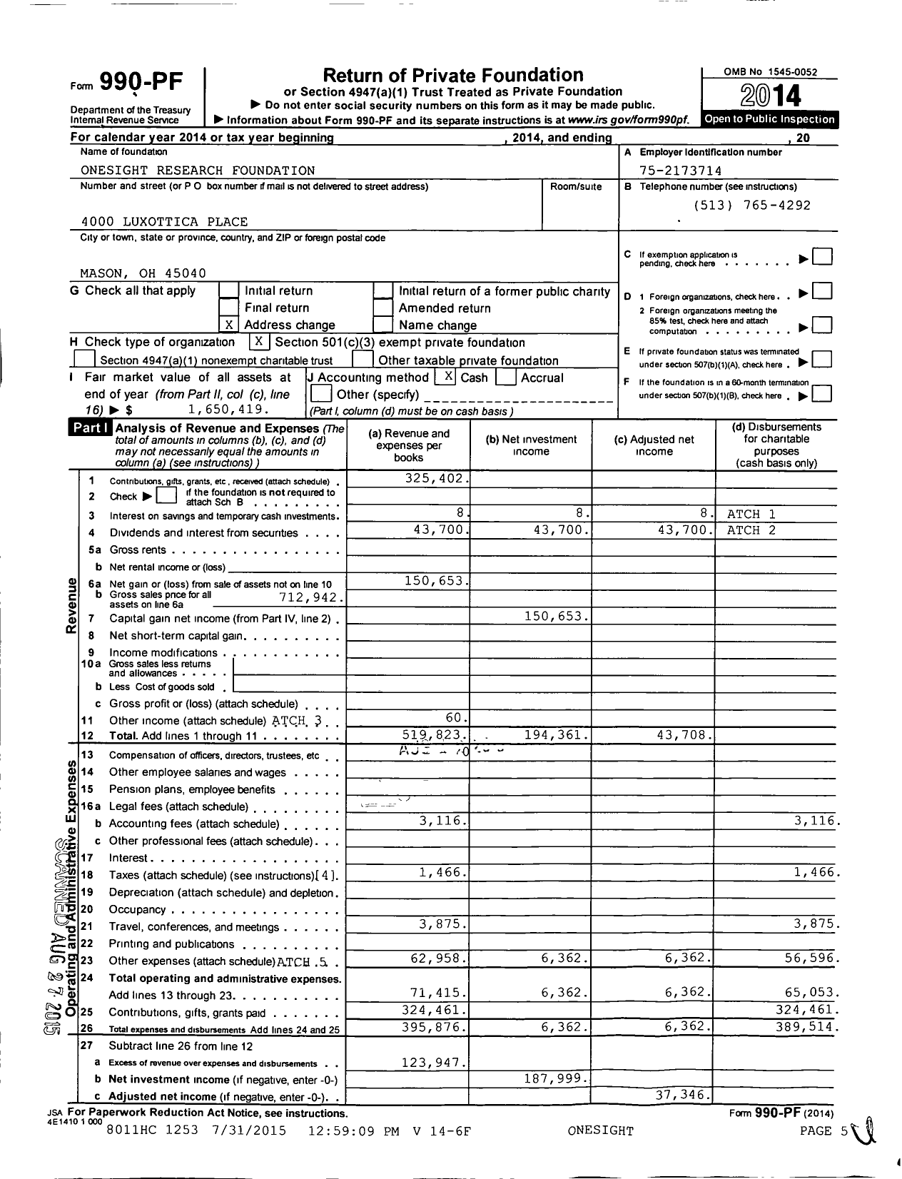 Image of first page of 2014 Form 990PF for Onesight Research Foundation