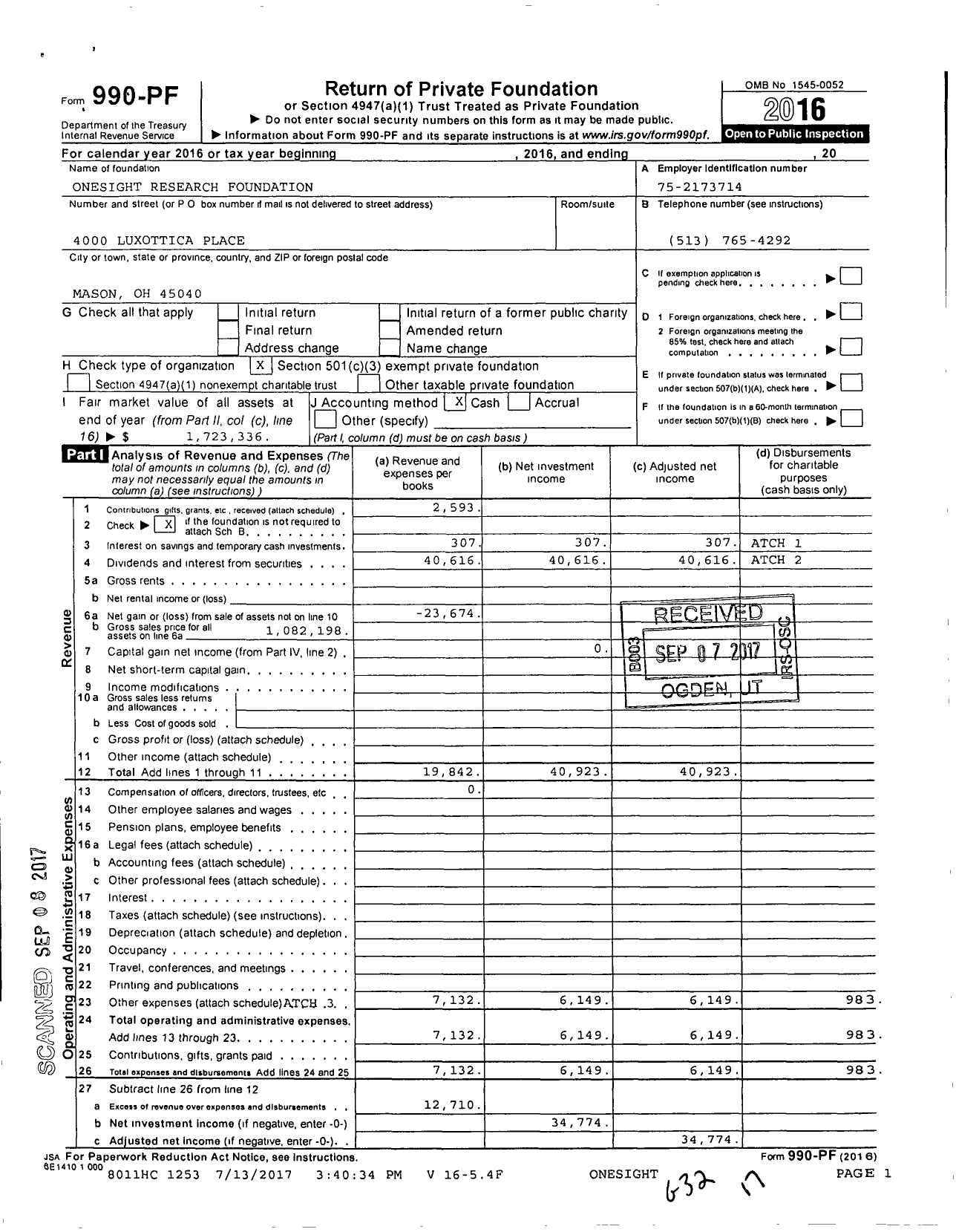 Image of first page of 2016 Form 990PF for Onesight Research Foundation