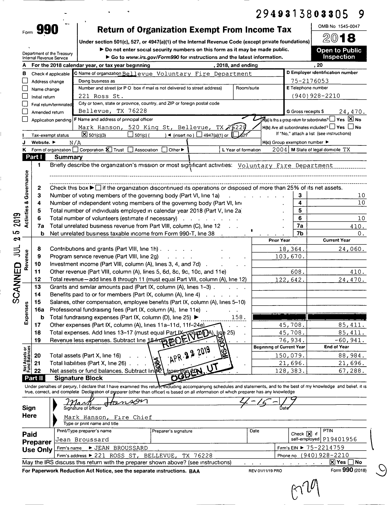 Image of first page of 2018 Form 990 for Bellevue Volunteer Fire Department
